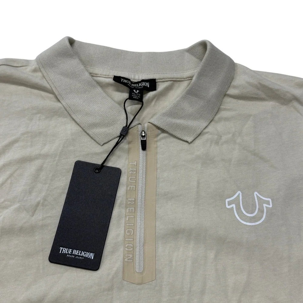 True Religion Logo Zipper Tape Polo Shirt Mens XL Fog Beige Zip 108088 NEW NWT